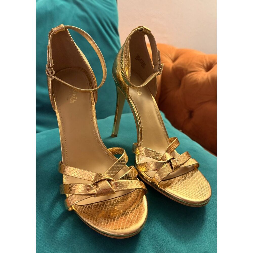 Michael Kors Metallic Gold Snake Leather Knotted Strappy Stiletto Heels 8M